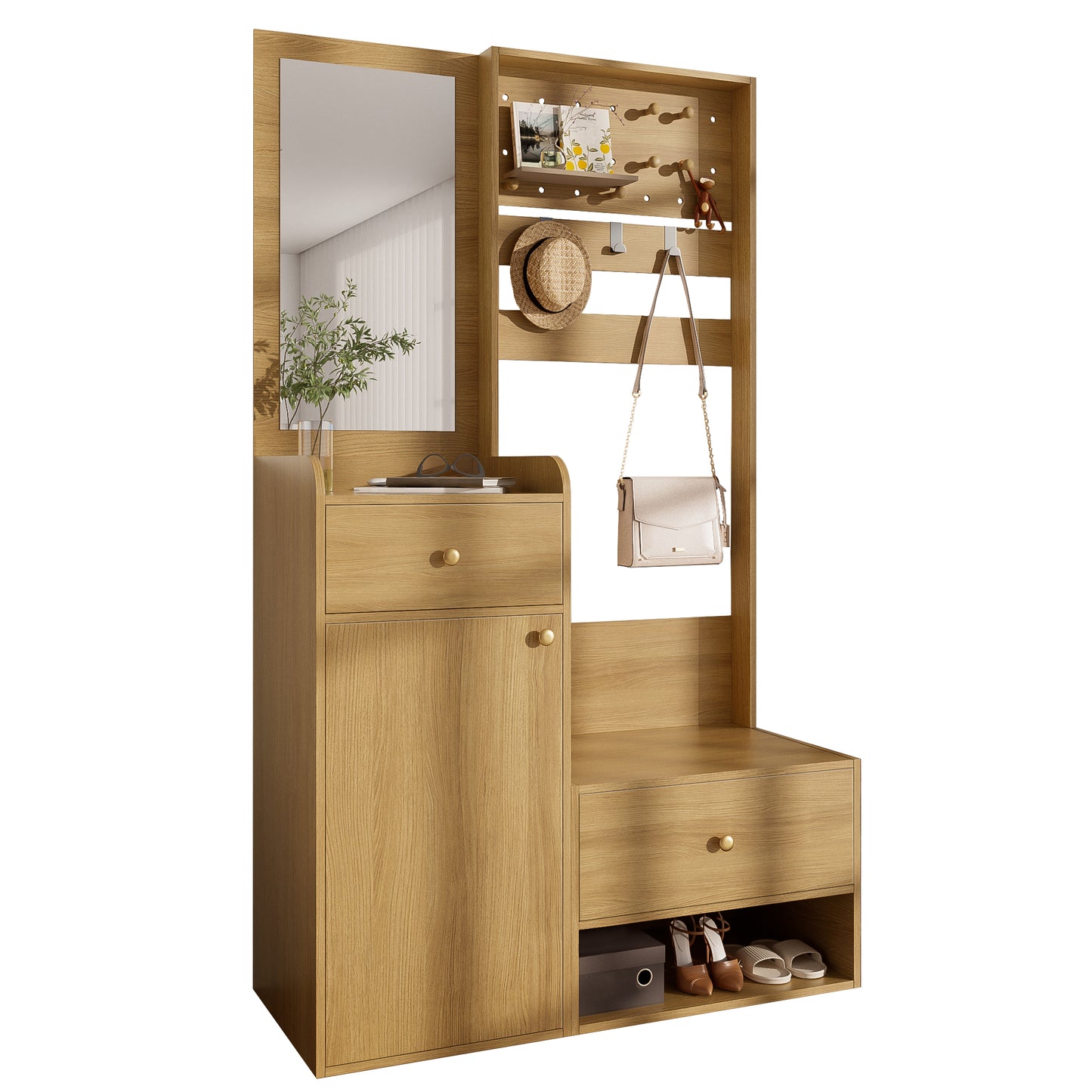 Gigab2b original image - Kompaktgarderobe, Modernes Multifunktionales Eingangsregal – Elegante holzfarbene Aufbewahrung mit Spiegel, verstellbaren Haken und geräumigen Regalen für Schuhe, Mäntel und kleine Gegenstände, 105 cm