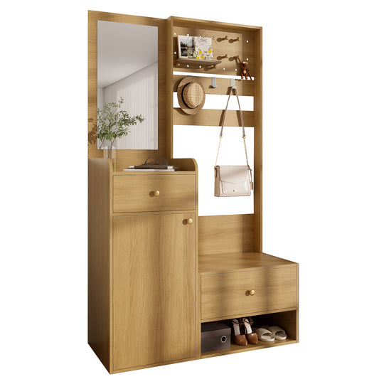 Gigab2b original image - Kompaktgarderobe, Modernes Multifunktionales Eingangsregal – Elegante holzfarbene Aufbewahrung mit Spiegel, verstellbaren Haken und geräumigen Regalen für Schuhe, Mäntel und kleine Gegenstände, 105 cm