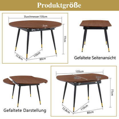 Moderner Ausziehbarer Esstisch, Verwandelt sich von Rund zu Oval, MDF-Platte in Schwarz/Nussbaum mit Gold-Akzenten, Stabile Metallbeine, Platzsparend für Küche & Esszimmer