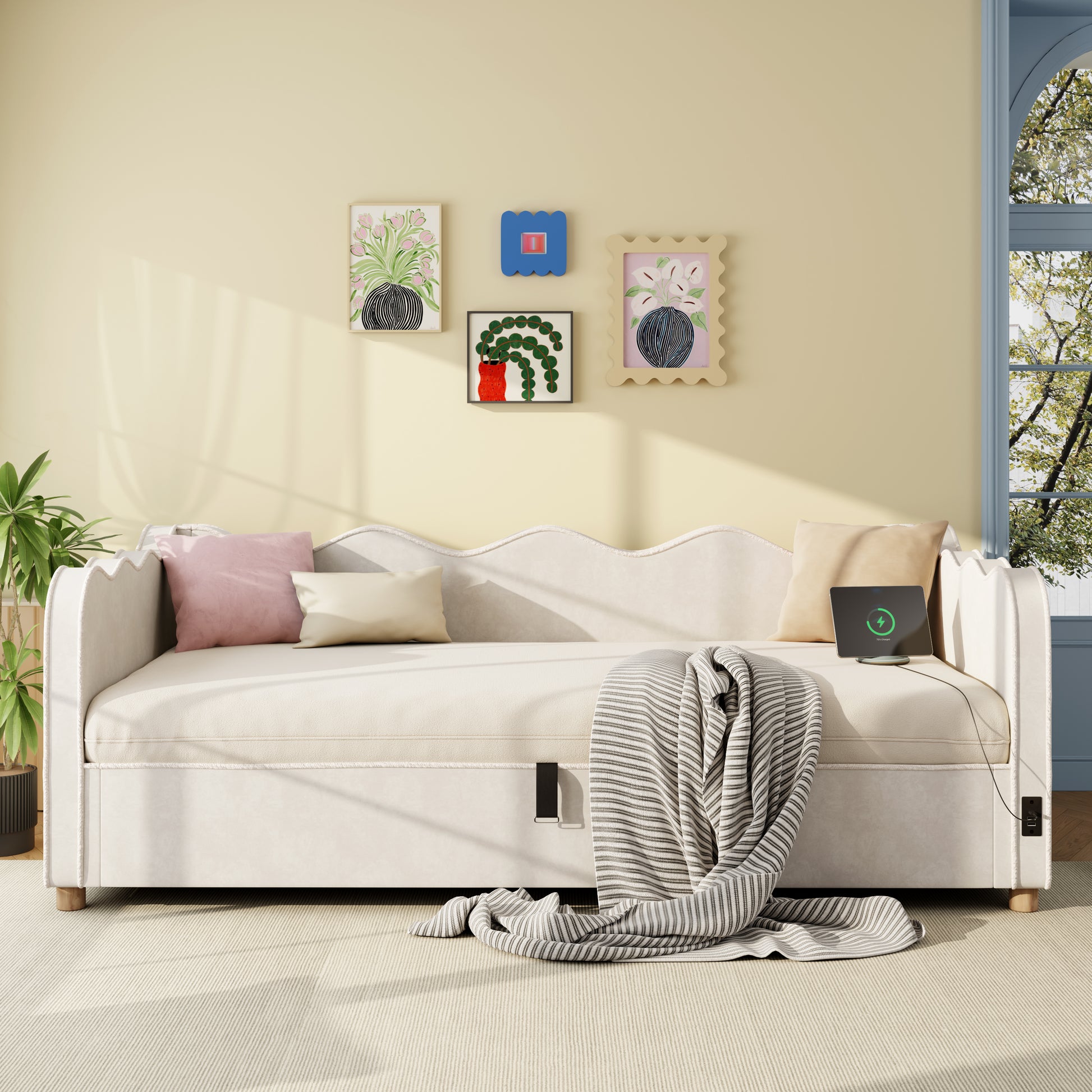 Daybett 90x200 cm mit hydraulischem Stauraum, Polsterbett, Tagesbett, Schlafsofa mit USB & Rückenlehne, samt, beige