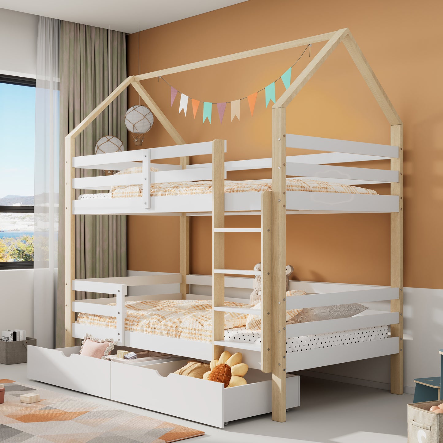 Gigab2b original image - Ins und aus dem Bett kommen, Doppelbett, Kinderbett in Hausform, große Schubladen, Kiefernholz Haus Bett for Kids, 90 x 200 cm, ohne Matratze, weiß+Holzfarbe[OLD SKU:32269234AAW]
