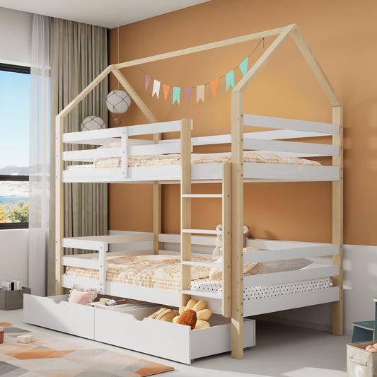 Gigab2b original image - Ins und aus dem Bett kommen, Doppelbett, Kinderbett in Hausform, große Schubladen, Kiefernholz Haus Bett for Kids, 90 x 200 cm, ohne Matratze, weiß+Holzfarbe[OLD SKU:32269234AAW]