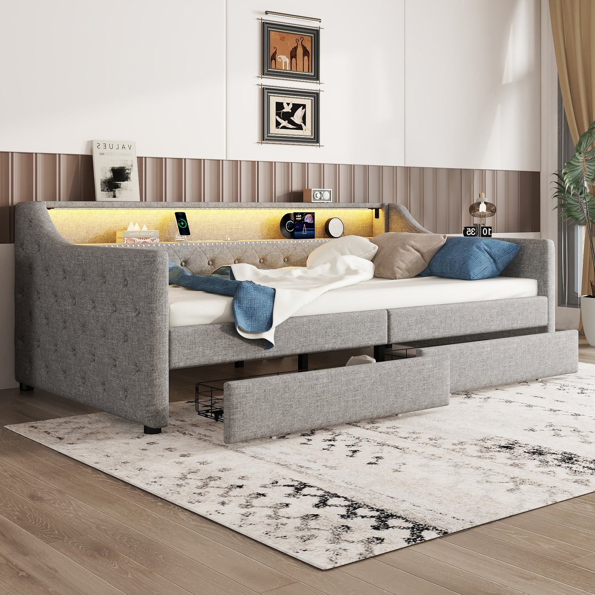 Daybett, 90 x 200cm, Schlafsofa, Tagesbett mit Lattenrost (ohne Matratze), Ambientelicht mit Fernbedienung, Bett mit zwei Schubladen, USB-Ladebuchse, Linen, Grau