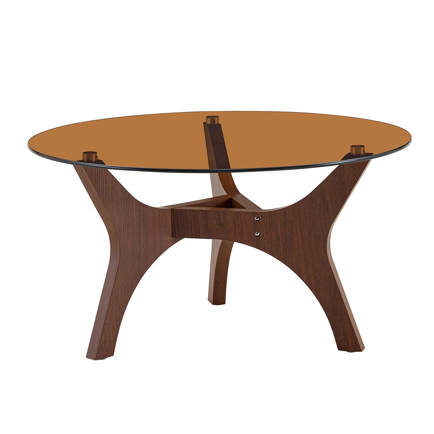 Runder Couchtisch mit Bernstein-Glasplatte, Moderner Wohnzimmertisch mit braunem Holzrahmen, Stabiler Kaffeetisch 80cm, Hitze- & Kratzfest, für Wohnzimmer, Büro & Lounge