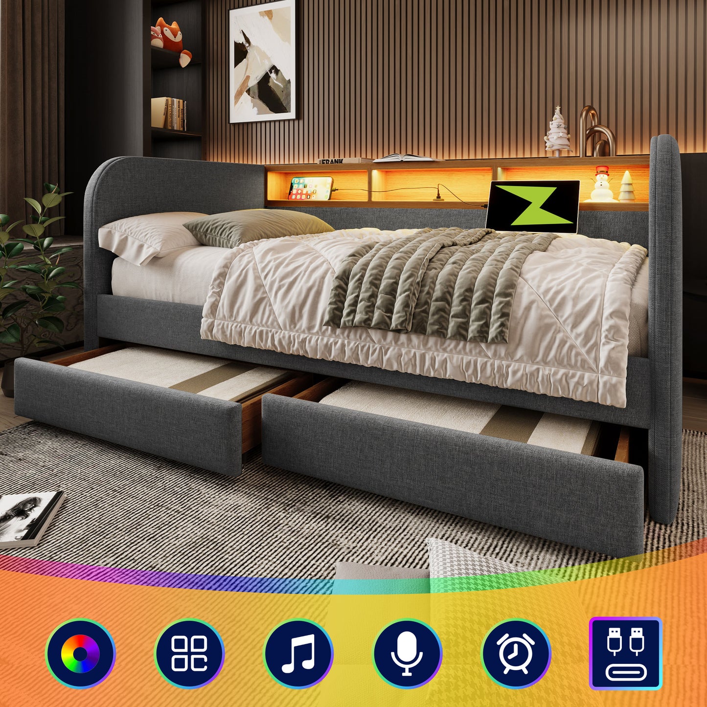 (=AB20754142G)Polsterbett Tagesbett 140x190 cm, Schlafsofa mit LED und USB-C Ladefunktion, Daybett mit 2 Schubladen und Stauraum-Kopfteil, Leinen, Grau (Ohne Matratze)