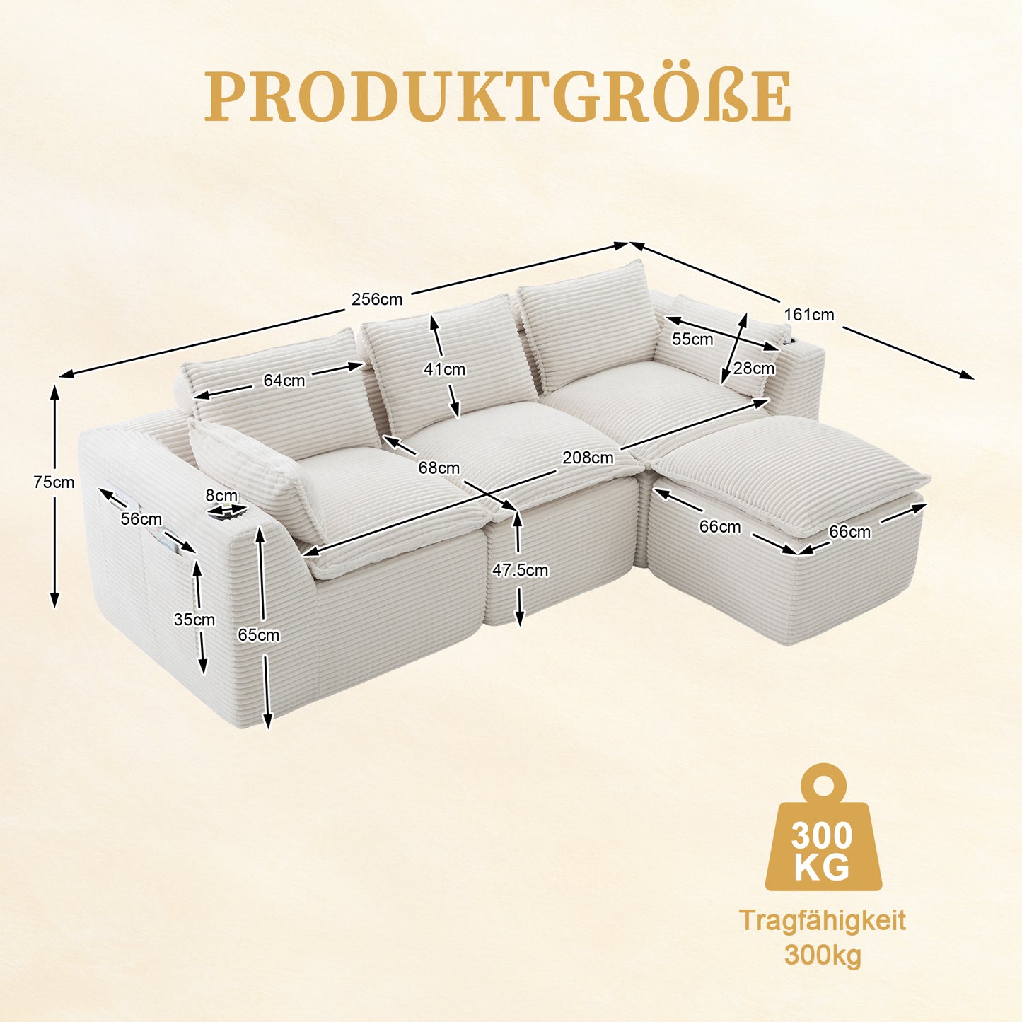 Modulares 3-Sitzer-Sofa + Fußhocker, inklusive Kissen, Getränkehalter und 2 Seitentaschen. Mit einer Füllung aus Schaumstoff und Federkern. Ideal für Wohnzimmer und ähnliche Räume (beiger Cordstoff)