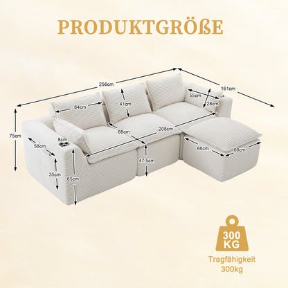Modulares 3-Sitzer-Sofa + Fußhocker, inklusive Kissen, Getränkehalter und 2 Seitentaschen. Mit einer Füllung aus Schaumstoff und Federkern. Ideal für Wohnzimmer und ähnliche Räume (beiger Cordstoff)
