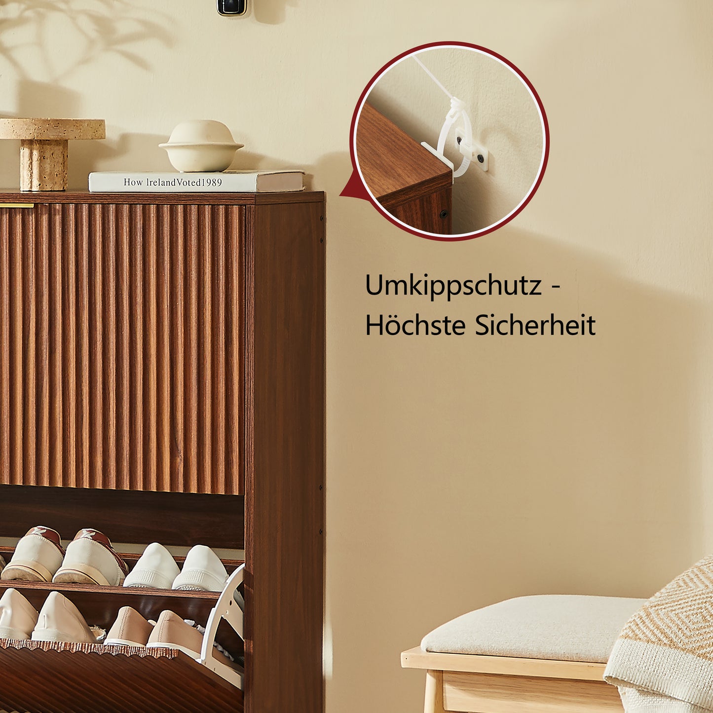 80 x 24 cm Schuhschrank mit Nutfront – Höhenverstellbar mit Kippschutz und Dekotisch für den Flur, in Nussbaum-Optik