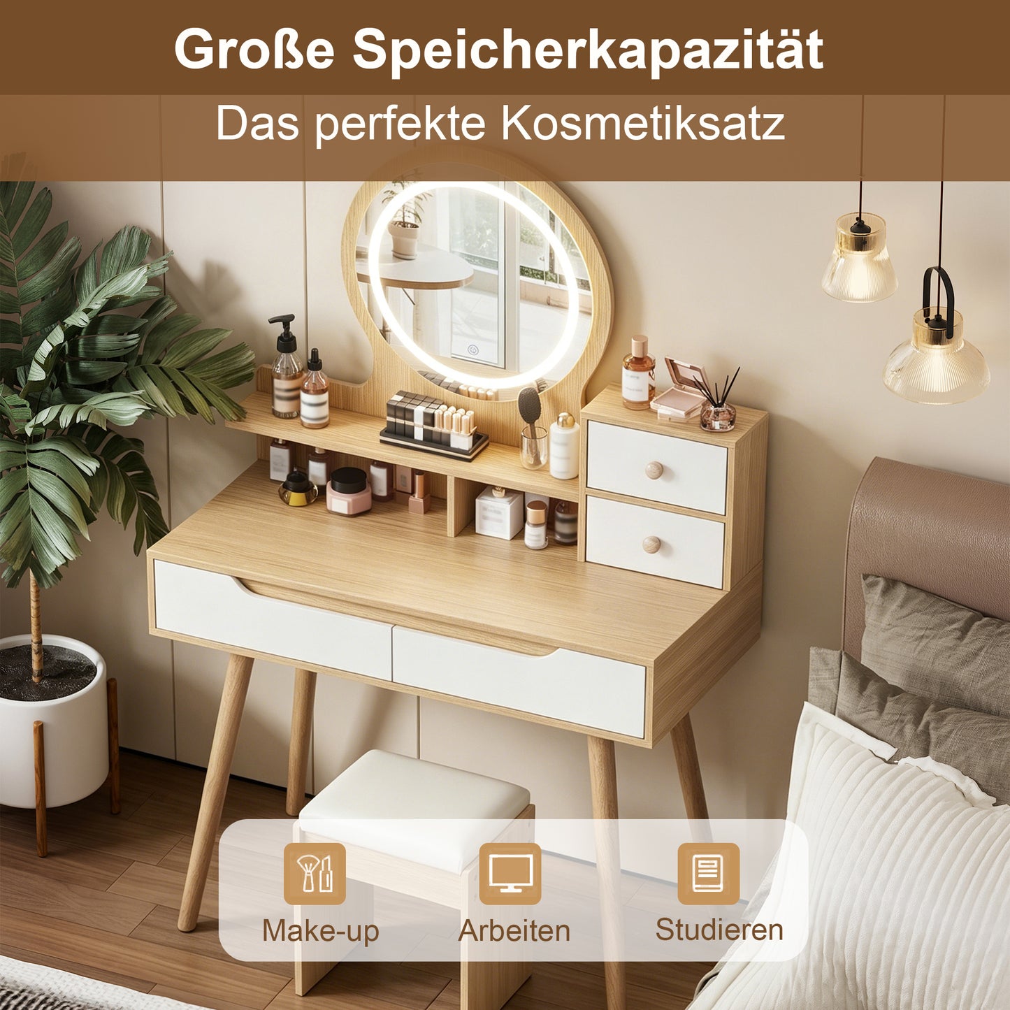 LED Vanity Mirror with Lighting and Cushion Stool