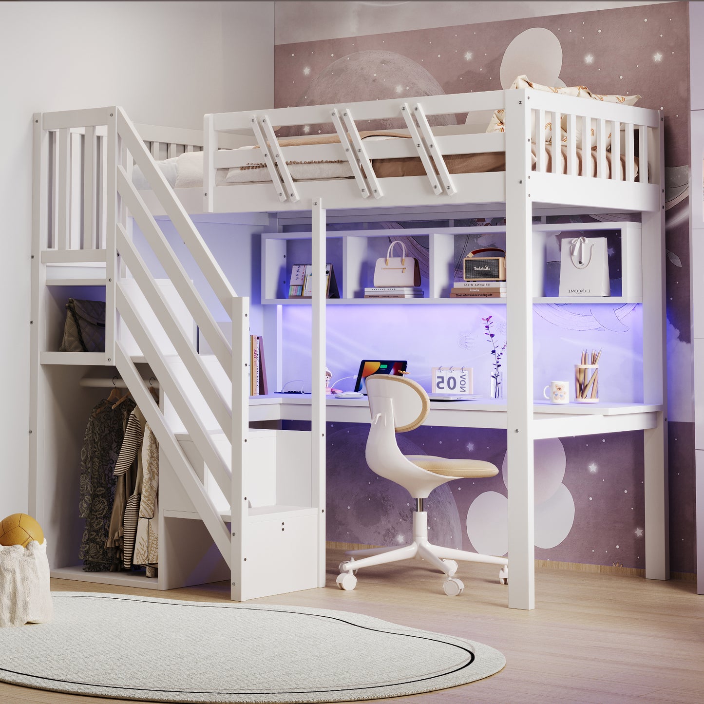 Gigab2b original image - Massivholzbett 90*200, Treppe mit Aufbewahrungsschrank, mit einem Schreibtisch,mit USB-Steckdose und mit LED-LichtKinderbett, Jugendbett, Einzelbett, Massivholzrahmen, hohe Ausführung, weiß