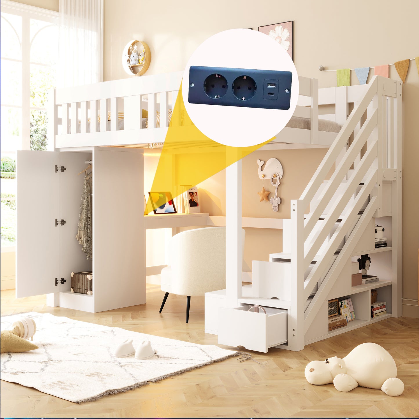 Wooden Bed, Stairs with Storage, and Desk Set