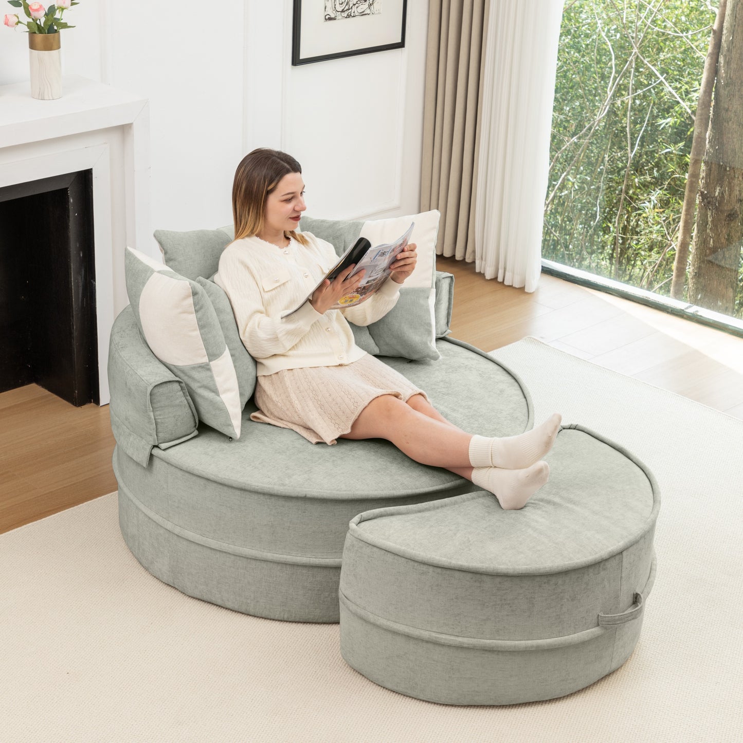 Rundes Sofa mit 5 Kissen und Hocker für Wohnzimmer und Schlafzimmer, Grün