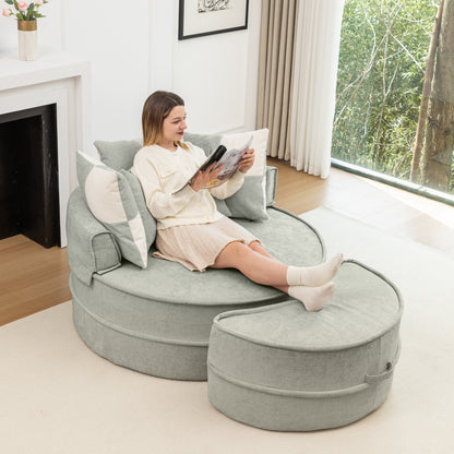 Rundes Sofa mit 5 Kissen und Hocker für Wohnzimmer und Schlafzimmer, Grün