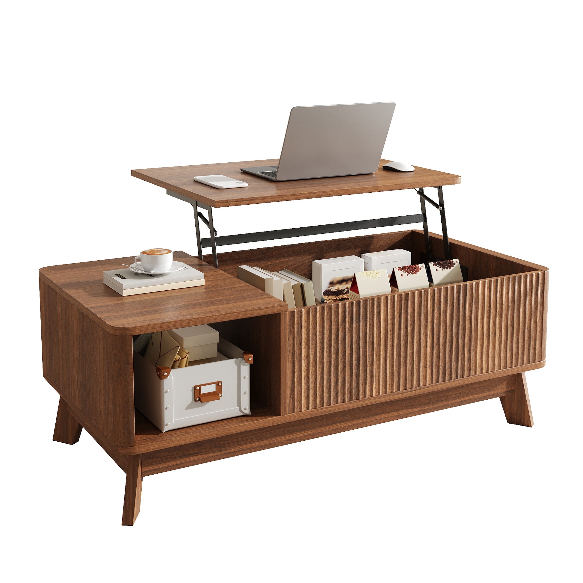 Couchtisch mit Hubfunktion, Wellenoptik, offenes Seitenfach, MDF-Material, Moderner Stil