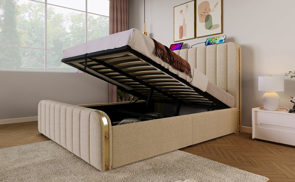 Polsterbett Doppeltes, gepolstertes Kopfteil mit goldenen Zierstreifen und ,USB Typ-C Ladefunktion 140*190 cm, Beige Leinen-Material Hydraulisches Lagerbett,Belastbarkeit 181 kg (Ohne Matratze)