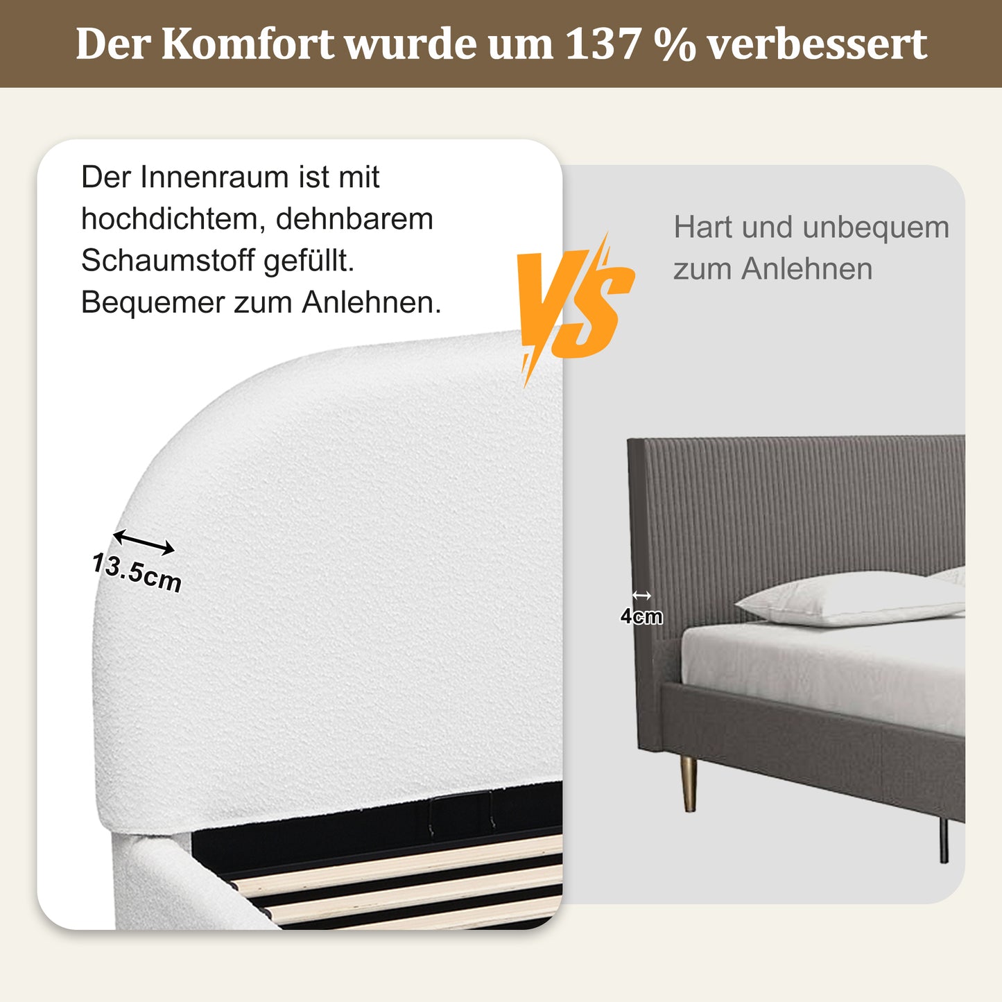 Polsterbett,Doppelbett,180 x 200cm, hydraulisches Funktionsbett,Bett mit Lattenrost, Kopfteil und großem Stauraum, gepolstertes Kopfteil, Inklusive Matratze, Beige Bouclé