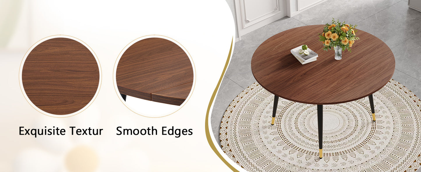Moderner Ausziehbarer Esstisch, Verwandelt sich von Rund zu Oval, MDF-Platte in Schwarz/Nussbaum mit Gold-Akzenten, Stabile Metallbeine, Platzsparend für Küche & Esszimmer