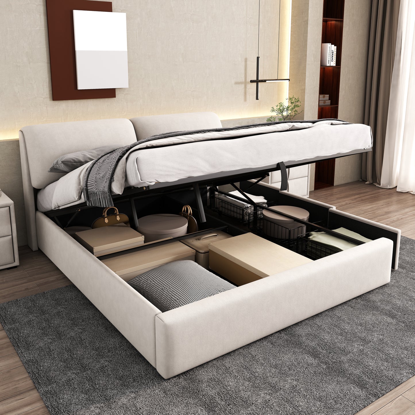 Polsterbett, 180*200, hydraulisches Bett, drei Schubladen, Bettkasten zur Aufbewahrung, Lattenrost mit Kopfteil, ohne Matratze, Samt, Beige