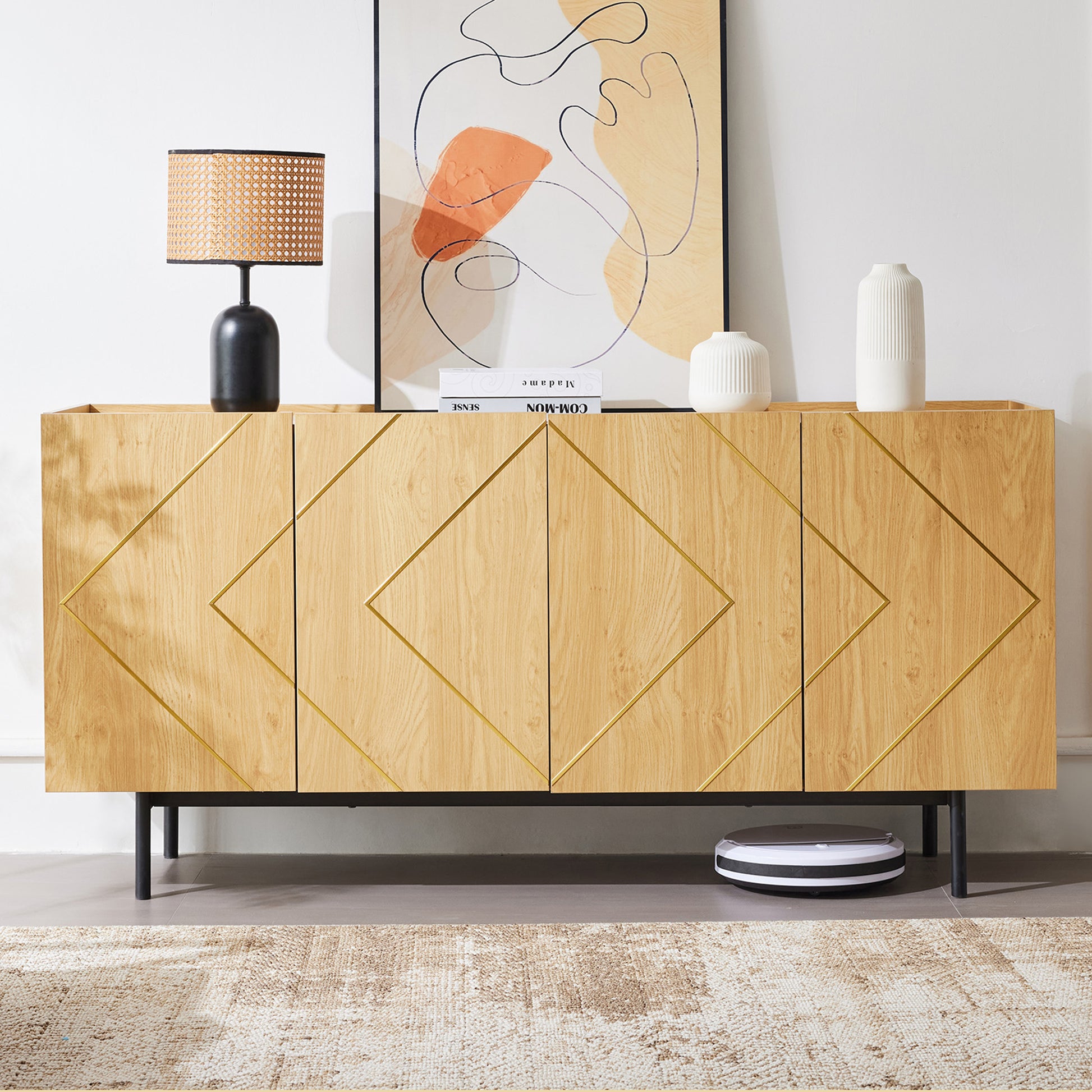 Gigab2b original image - Sideboard Wohnzimmer, Buffet Schrank mit 4 Türen und Metall-Inlay – Vielseitige Kommode, Anrichte, Beistellschrank, Standschrank – Naturholz- Maße: H 78 cm / B 160 cm / T 40 cm