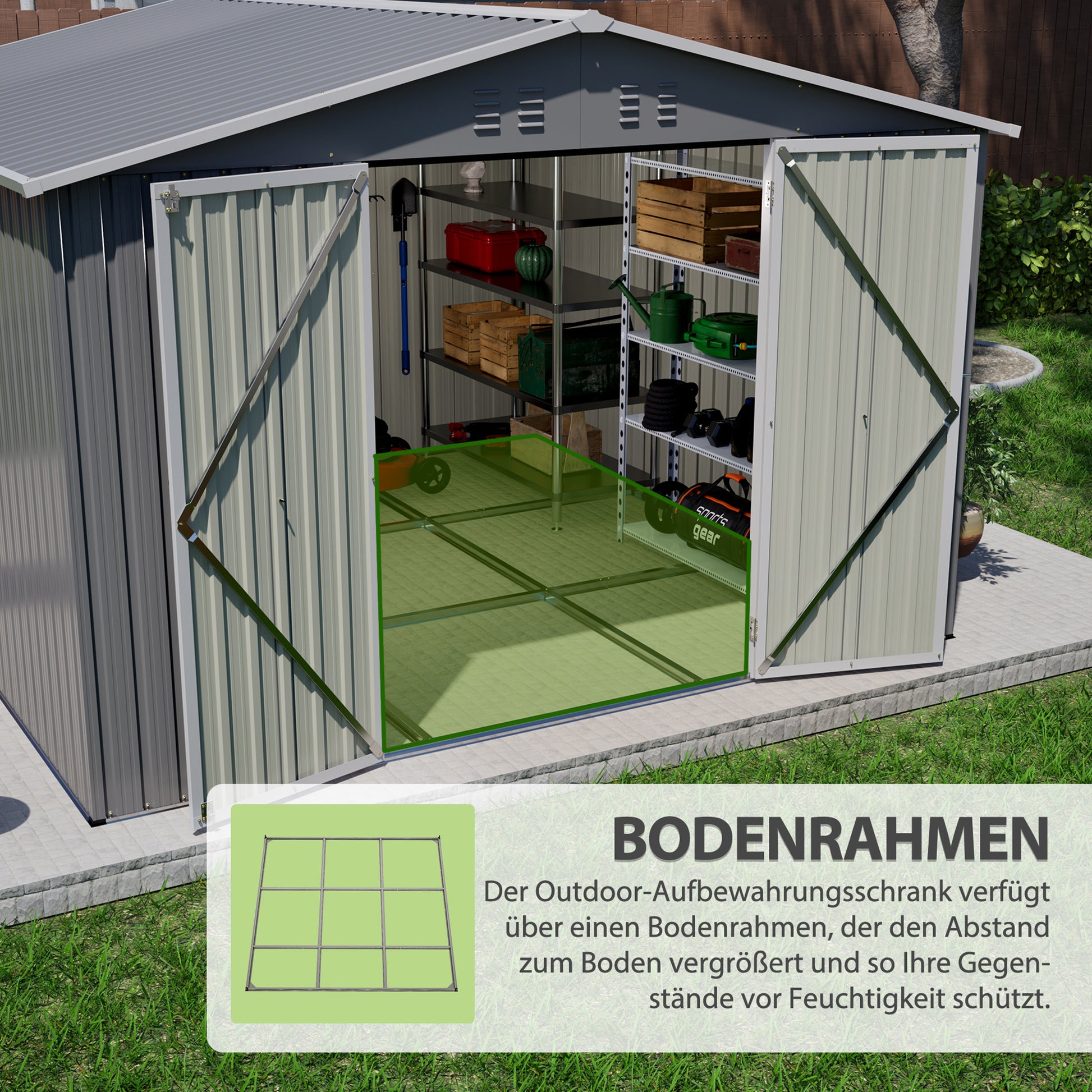 10'x10' Metal Storage Shed with Floor Frame, Heavy Duty Steel Garden Shed, Lockable Doors & Weather Resistant for Backyard Patio Lawn – Grey