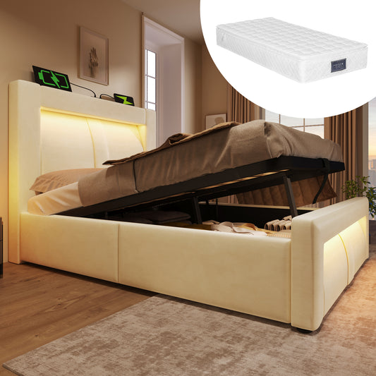 Gigab2b original image - Einzelbett 90x200 cm mit Stauraum, hydraulisches Bett, LED-Beleuchtung mit App-Steuerung, USB- & Type-C-Ladeanschlüsse, Samt, Kopfteil mit gebogenem Design, Beige, mit Matratze