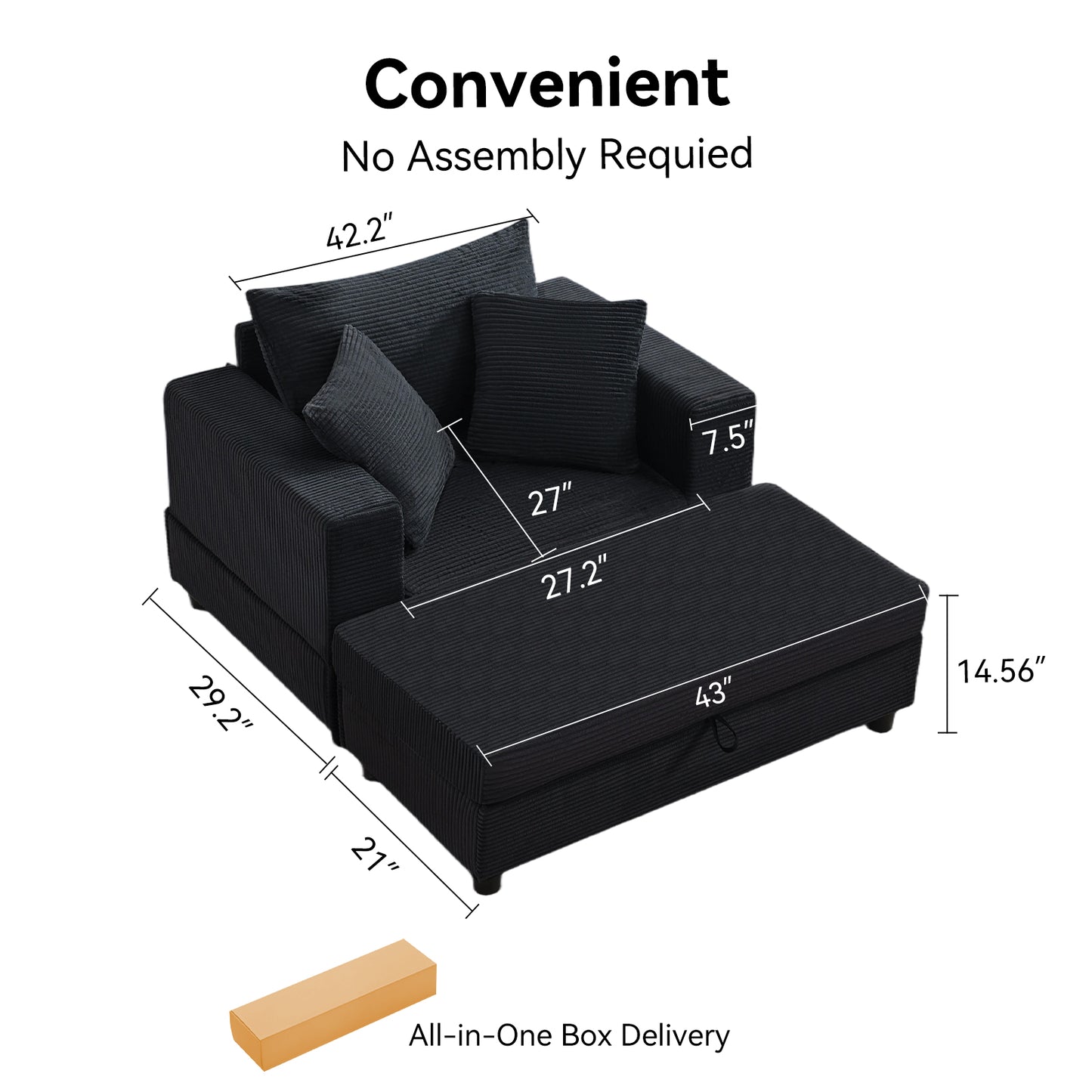 Chaiselongue mit Fußablage & Stauraum, Lounge-Sofa mit 3 Kissen für Wohnzimmer & Schlafzimmer – Schwarz