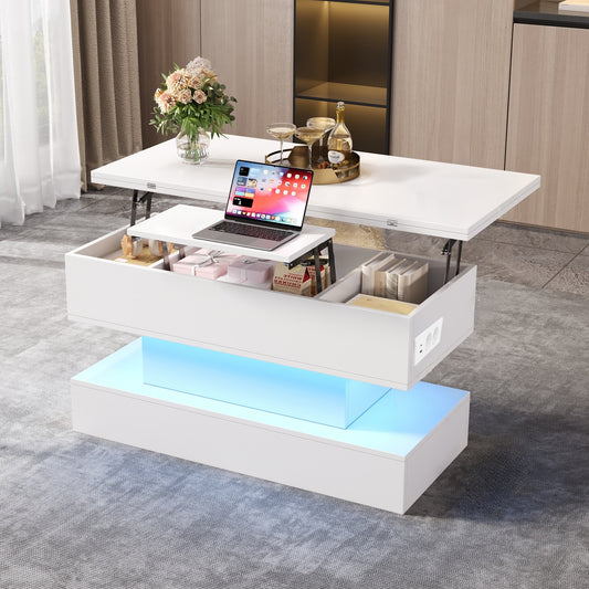 100*50*51.5cm Couchtisch mit Steckdose,USB-C&USB-Ladebuchse,multifunktionaler Wohnzimmertisch mit LED, anhebbarer Kaffeetish, höhenverstellbar Sofatisch,Beistelltisch und Esstisch mit Stauraum,Weiß