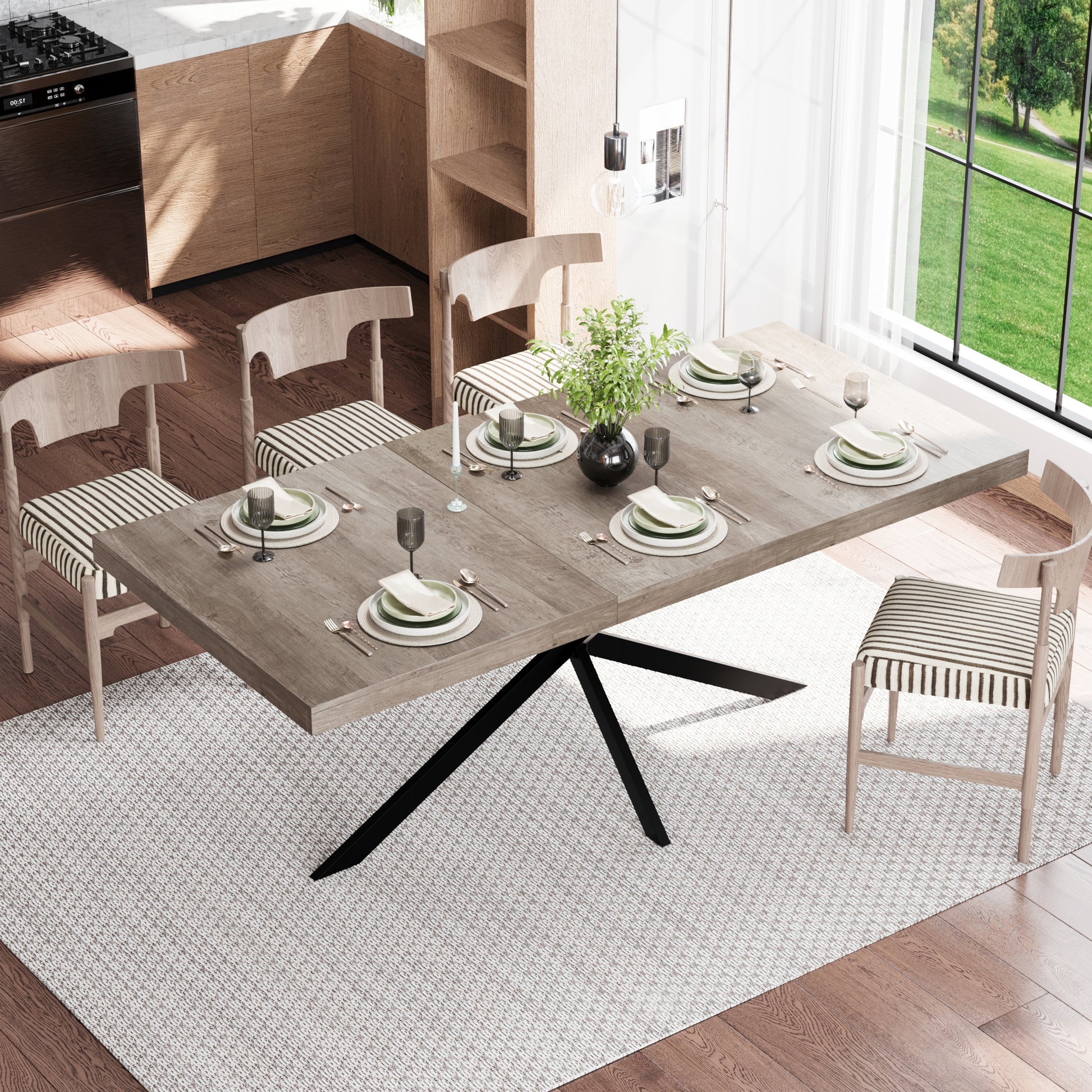 140CM-180CM Retro Rectangular Extendable Dining Table With Hidden Storage Natural Top With Same Color Embossed Center Plate For Dining Room  Kitchen & Living Room Seats 4-6(Gray)