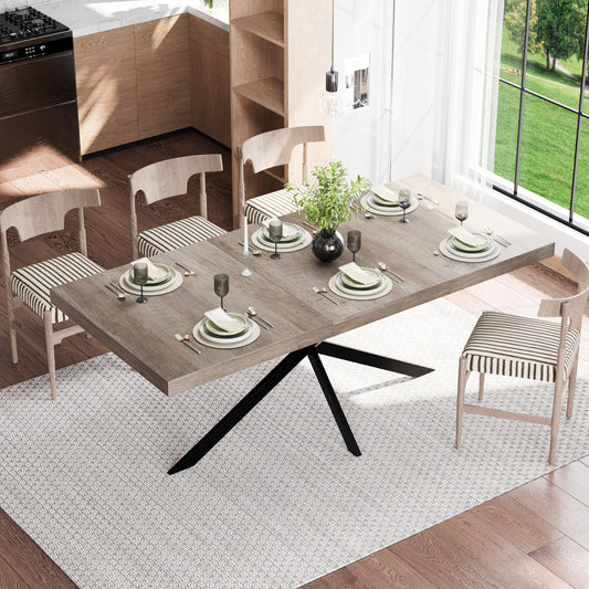 140CM-180CM Retro Rectangular Extendable Dining Table With Hidden Storage Natural Top With Same Color Embossed Center Plate For Dining Room  Kitchen & Living Room Seats 4-6(Gray)