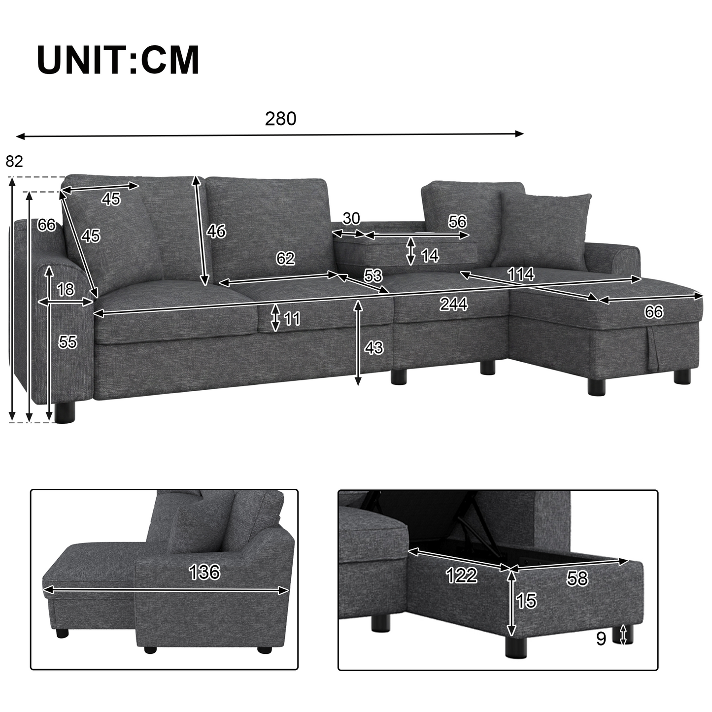 Modernes Chenille L-Form Sofa 3-Sitzer + Chaiselongue Ecksofa, Chaiselongue mit aufklappbarem Stauraum, klappbare Rückenlehne mit Getränkehaltern, multifunktionales modulares Sofa, Grau, 280×136×82cm