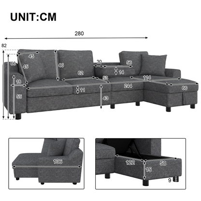 Modernes Chenille L-Form Sofa 3-Sitzer + Chaiselongue Ecksofa, Chaiselongue mit aufklappbarem Stauraum, klappbare Rückenlehne mit Getränkehaltern, multifunktionales modulares Sofa, Grau, 280×136×82cm