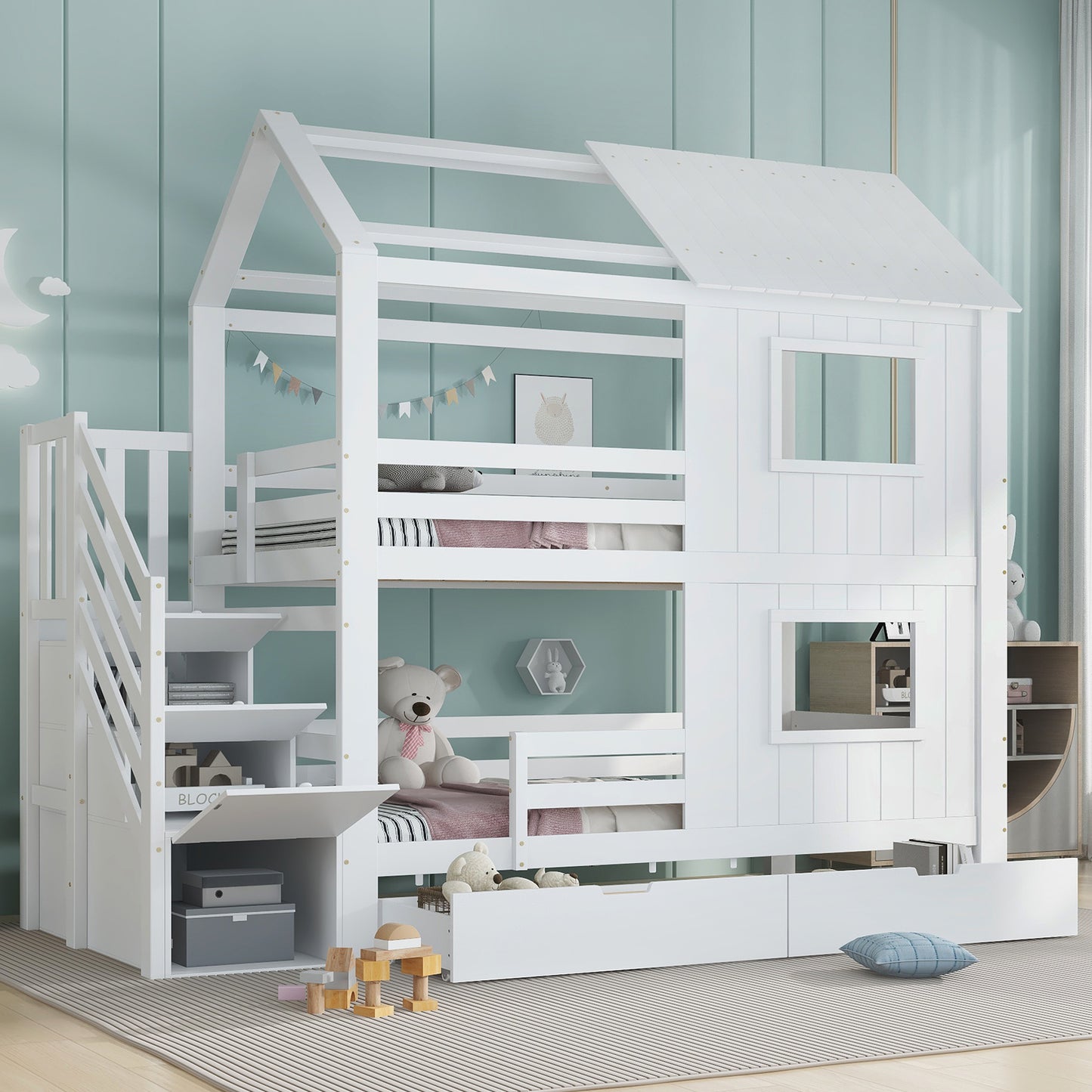 Gigab2b original image - Etagenbett, Kinderbett, Treppenschrank mit Ablagefächern, Aufbewahrungsschublade mit Rollen, Schöne Fenster und Dach, Stabile Lattenroste, Kiefer + MDF+Sperrholz, Weiß, 90x200cm