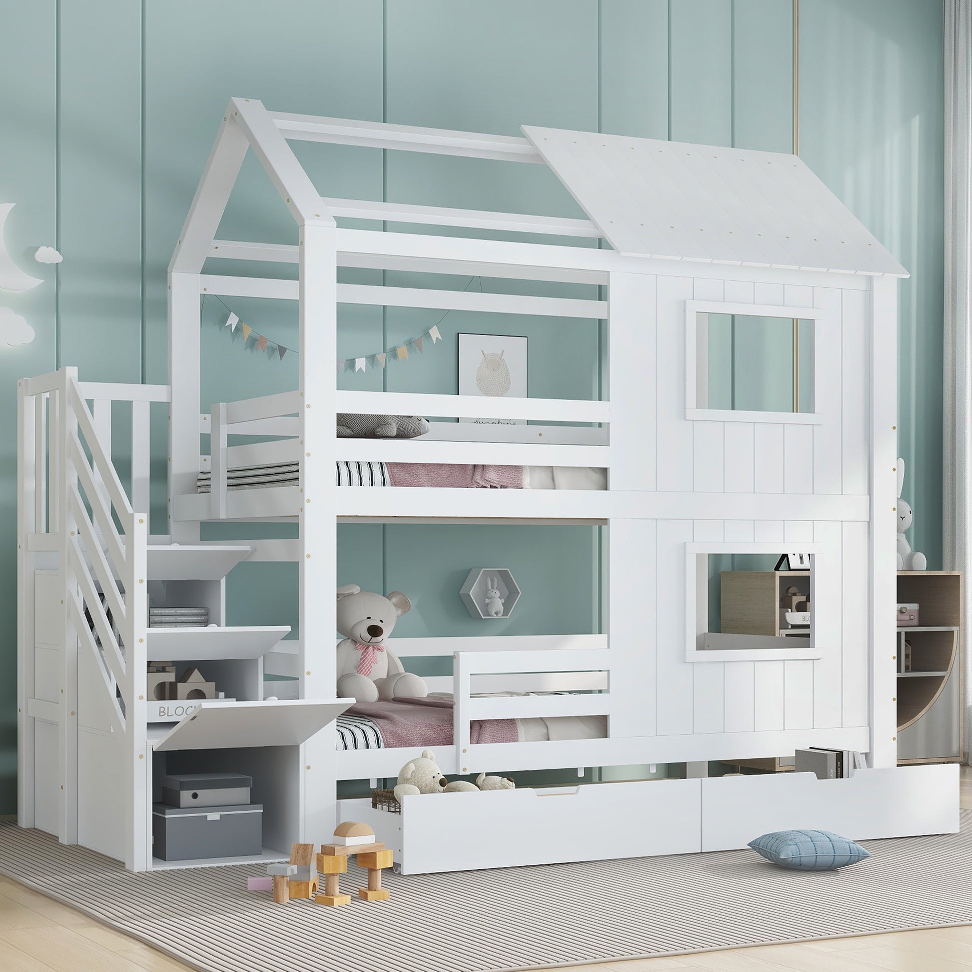 Gigab2b original image - Etagenbett, Kinderbett, Treppenschrank mit Ablagefächern, Aufbewahrungsschublade mit Rollen, Schöne Fenster und Dach, Stabile Lattenroste, Kiefer + MDF+Sperrholz, Weiß, 90x200cm