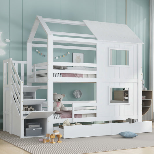 Gigab2b original image - Etagenbett, Kinderbett, Treppenschrank mit Ablagefächern, Aufbewahrungsschublade mit Rollen, Schöne Fenster und Dach, Stabile Lattenroste, Kiefer + MDF+Sperrholz, Weiß, 90x200cm