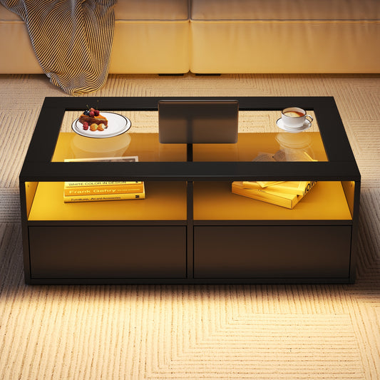 100*50*35cm  Couchtisch mit LED-Licht, sofatisch mit 2 Schubladen, Wohnzimmertisch aus Glas, Teetisch doppelschichtiges Design, Offener Stauraum, Wohnzimmer Beistelltisch, Schwarz
