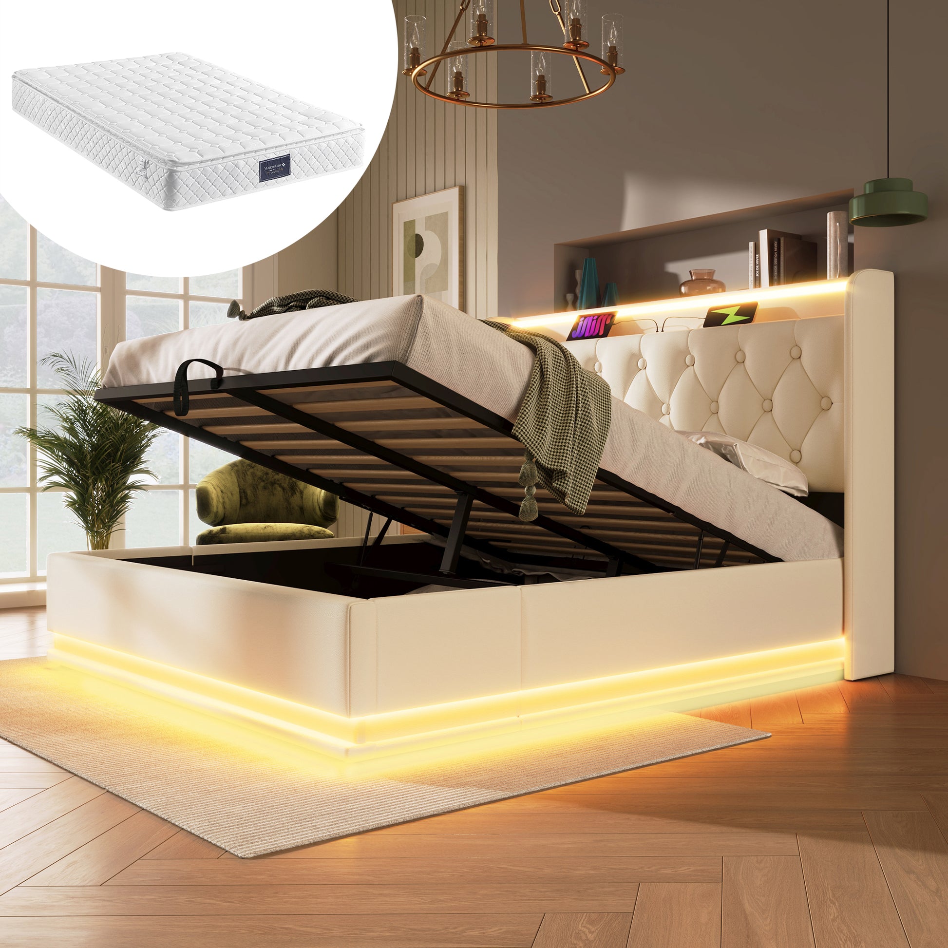 Gigab2b original image - Polsterbett Doppelbett, 360-Surround-LED-Funktion, Drucktaste/App/Fernbedienung, 140*200 cm, weiß PU-Material Hydraulisches Lagerbett, gepolstertes Kopfteil mit USB Typ-C Ladefunktion (Mit Matratze)