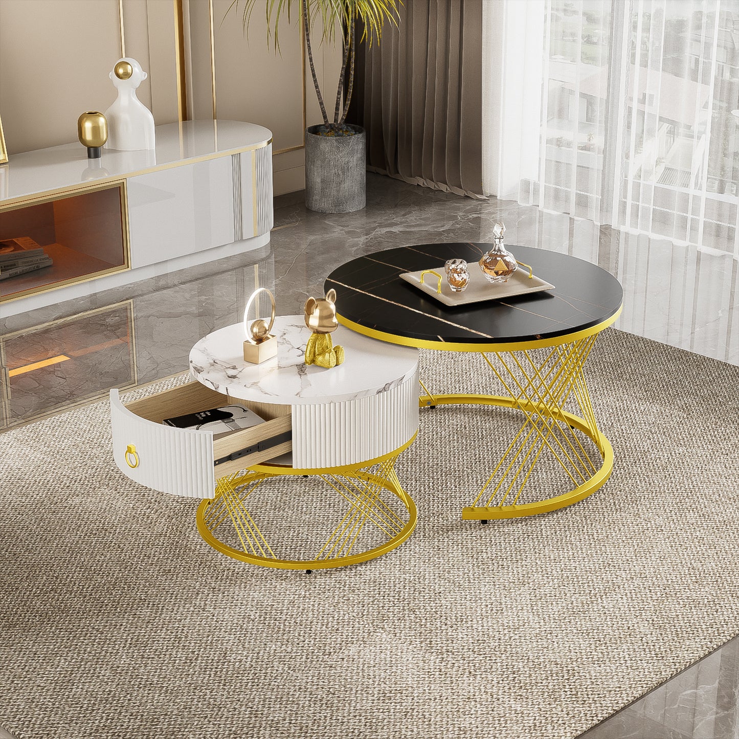 Gigab2b original image - Eleganter zusammensetzbarer Couchtisch: Marmoroptik, Golddekor, Beistelltisch mit Schubladen – 2er-Set