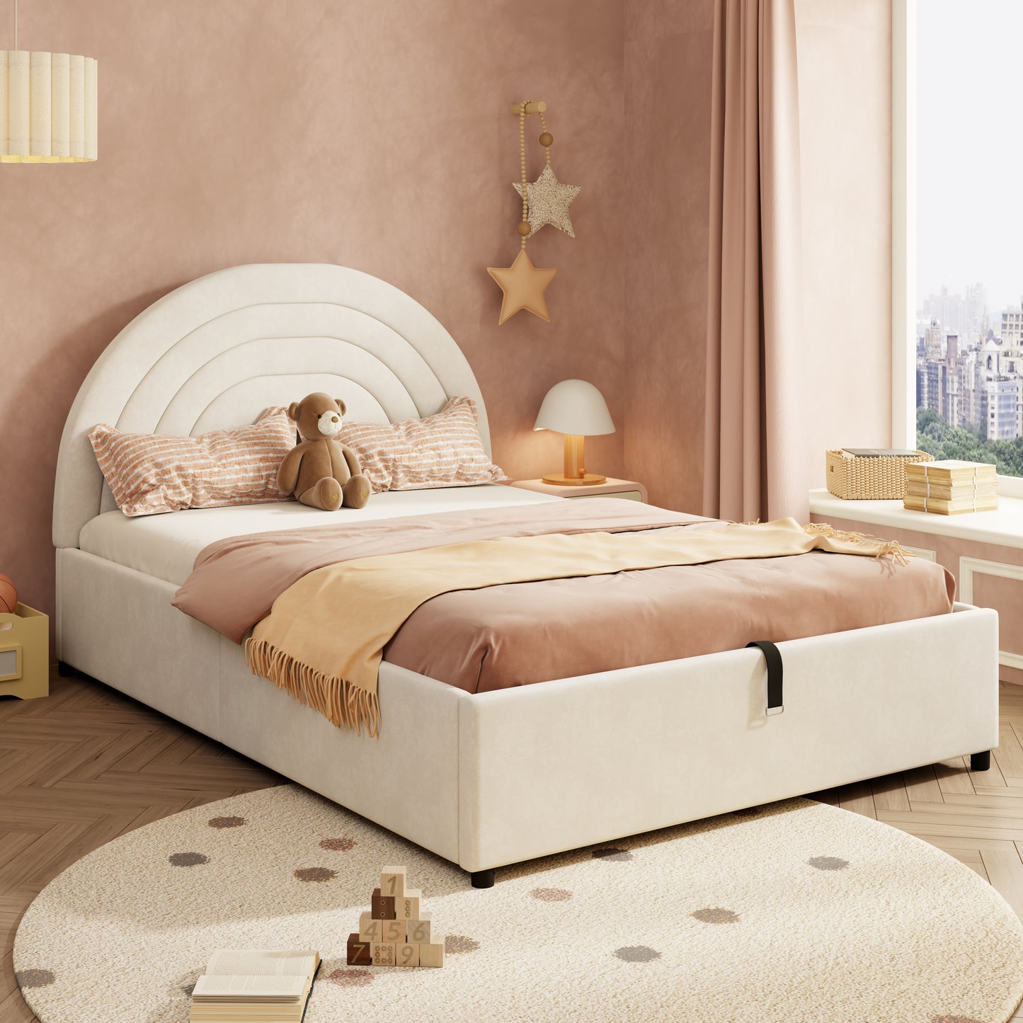 Polsterbett 140*200, Kinderbett mit Lattenrost und Kopfteil, Jugendbett, für Erwachsene und Jugendliche geeignet, Holzlatten, einfache Montage, Inklusive Matratze, Samt, Beige