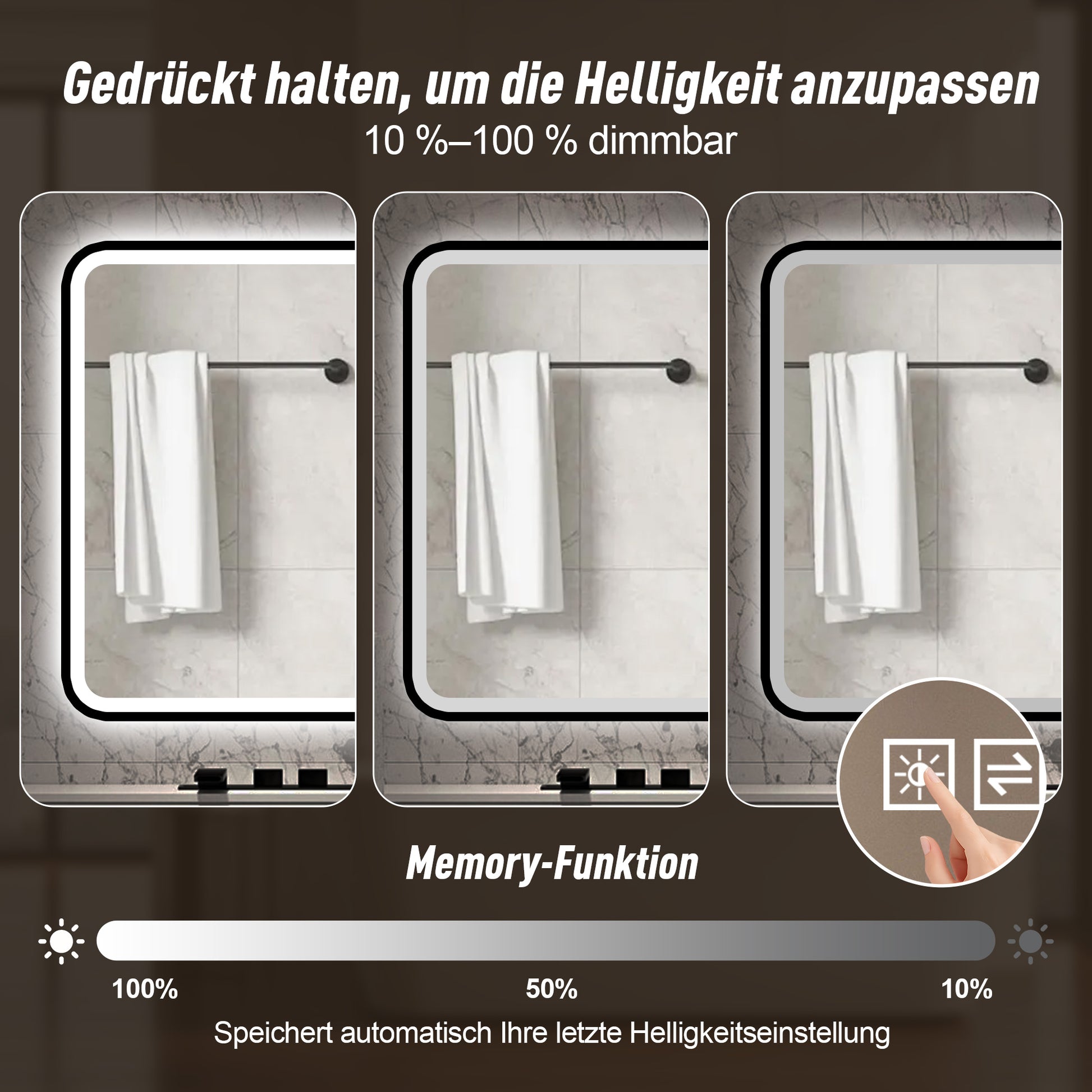 70×90cm LED Badezimmerspiegel mit schwarzem Aluminiumrahmen, Front- & Hintergrundbeleuchtung, Anti-Beschlag, 3 Lichtfarben, dimmbar, Memory-Funktion, horizontal & vertikal montierbar, IP44 wasserdich