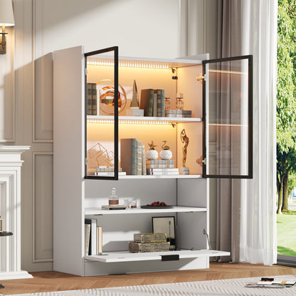 Gigab2b original image - Moderne LED Vitrine Matt Höhe 120cm mit LED-Beleuchtung, Glasvitrine Standvitrine mit Beleuchtung, Wohnzimmerschrank mit Glastüren und Klapptür, Spanplatte Display Schrank,Weiß
