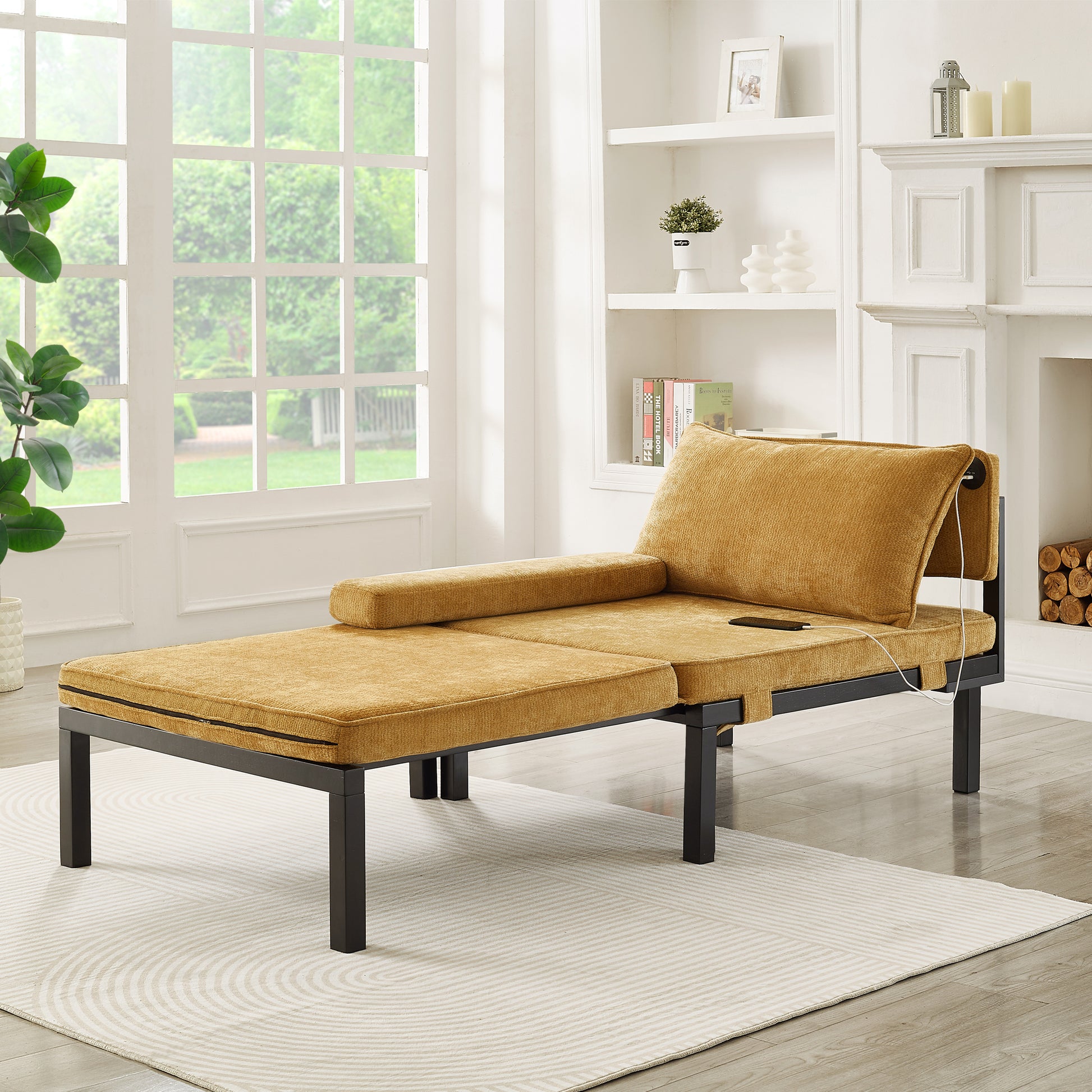 2 in 1 Folding Sofa Bed with Sleeping Function & USB/TypeC Ports, Extendable Single Chair with Cushion, Space-Saving Guest Bed for Living Room,Bed Room,Study,Balcony,Lofts,Small Apartment - Yellow