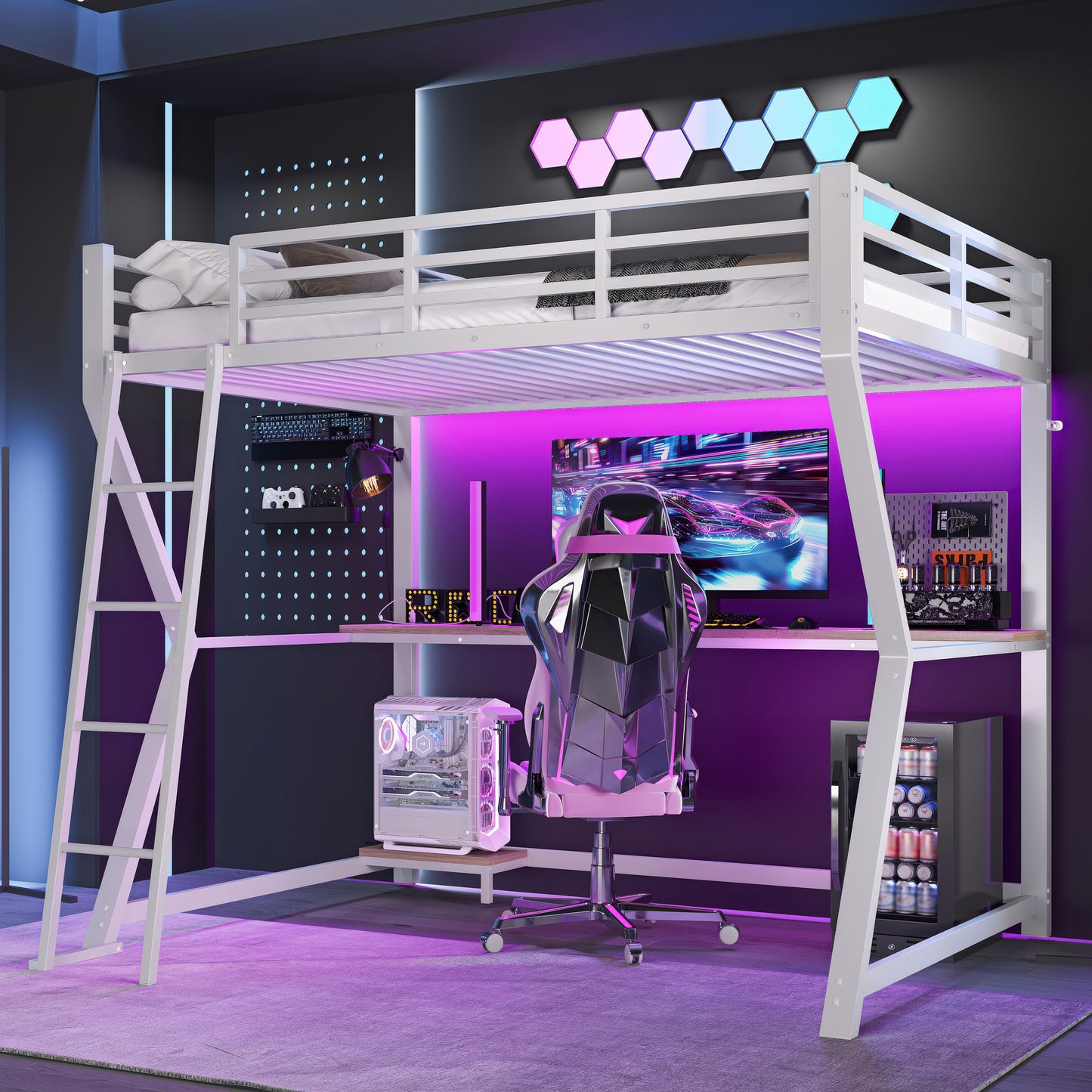 Gigab2b original image - Hochbett, 90*200cm , Mit LED-Leuchten, Computerkonsolenablage, Schreibtisch, Steckdose+USB, Geländer, Treppe, ohne Matratze, Weiß