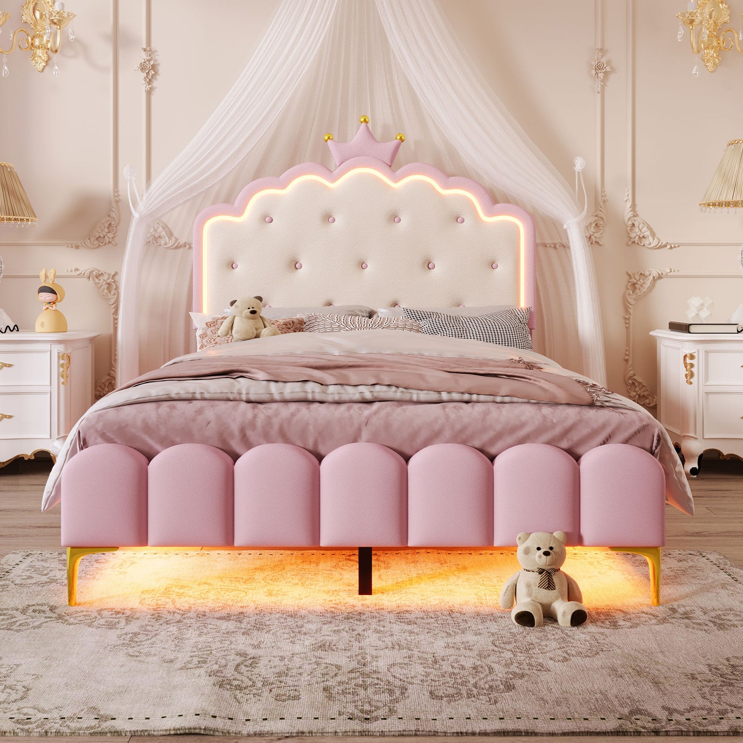 Gigab2b original image - Polsterbett, 140 x 200 cm, mit Lattenrost (ohne Matratze), Ambiente-Licht mit Fernbedienung, Kronprinzessinnenform, Material PU, Rosa
