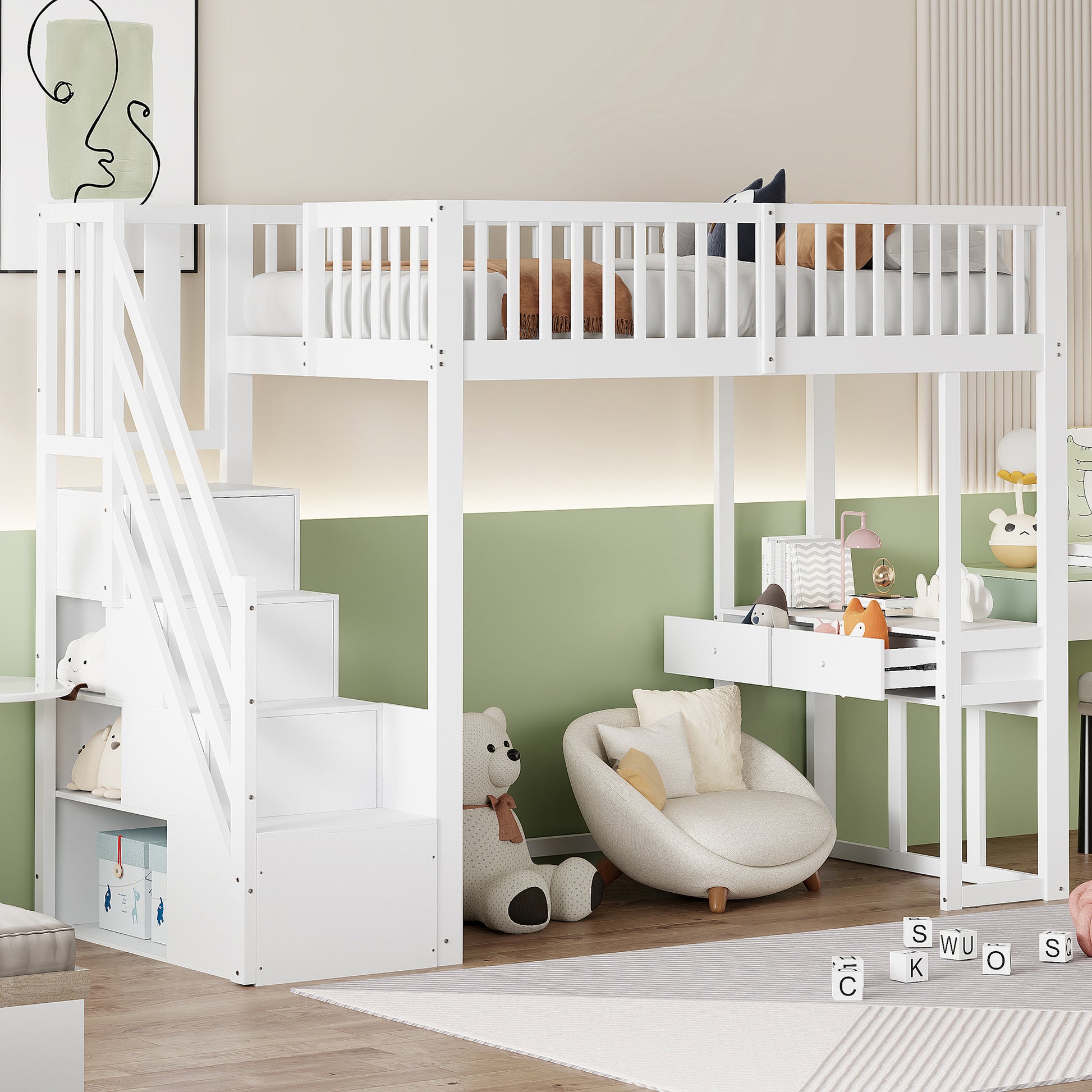 90x200 Hochbett mit Multifunktionstisch, sicherer Aufbewahrungstreppe, Bettgestell aus massivem Kiefernholz für Kinder und Jugendliche Weiß