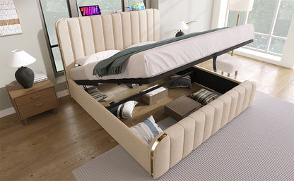 Polsterbett Doppeltes, gepolstertes Kopfteil mit goldenen Zierstreifen und ,USB Typ-C Ladefunktion 140*190 cm, Beige Leinen-Material Hydraulisches Lagerbett,Belastbarkeit 181 kg (Ohne Matratze)