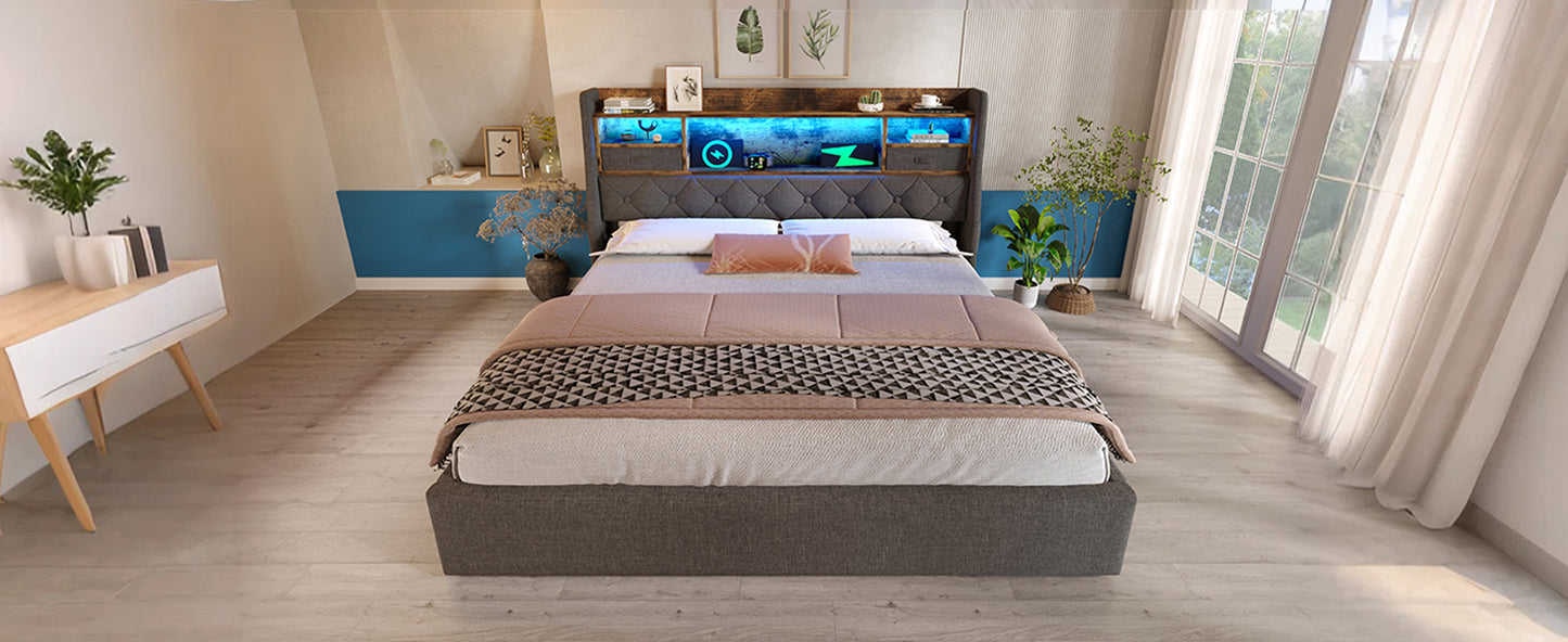 Polsterbett 140x190 cm mit Hydraulischem Stauraum & LED-Kopfteil, 4 Ladestation (USB/Type-C), Doppelbett Inkl. Lattenrost, Grauer Leinenstoff (Ohne Matratze)