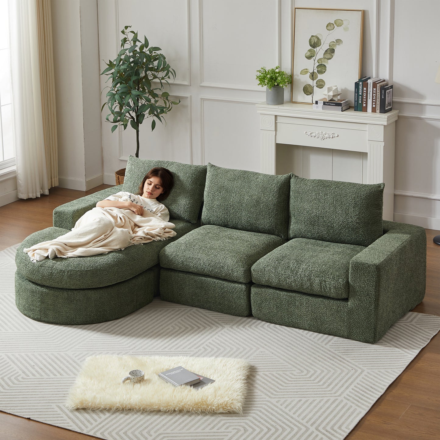 Chenille-Sofa mit gebogenen Elementen und Liegestuhl, vollständig komprimiert und ohne Gestell, modulares Kombinationssofa L-Liegestuhl, Schaumstoff-Kompressionssofa, keine Montage erforderlich