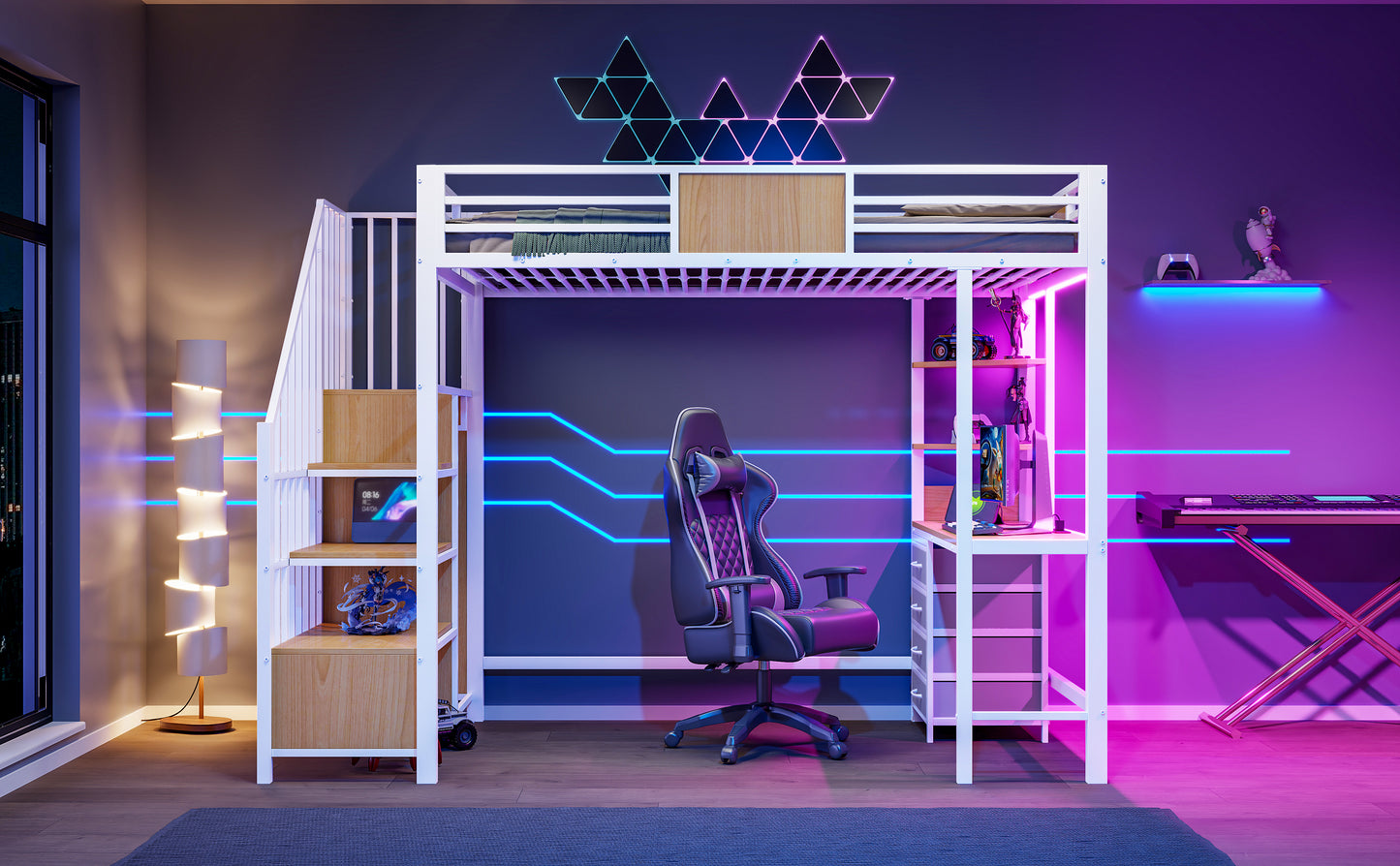 Metal Loft Bed with Desk, Storage, and Clothes Rail