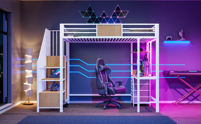 Metal Loft Bed with Desk, Storage, and Clothes Rail