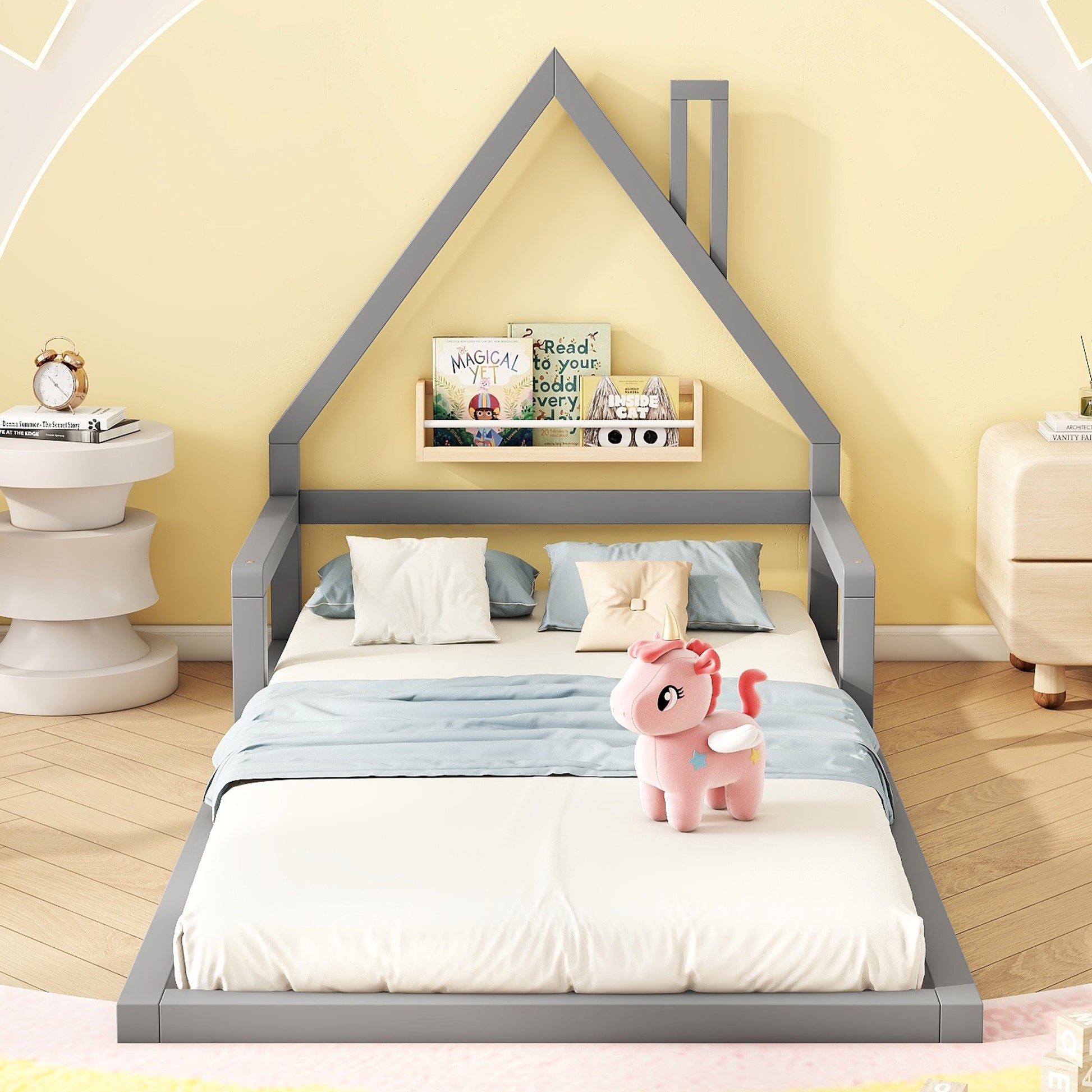 90*200cm Kinderbett, Flachbett, Hausform, Kiefer massiv, einfache Form, Grau